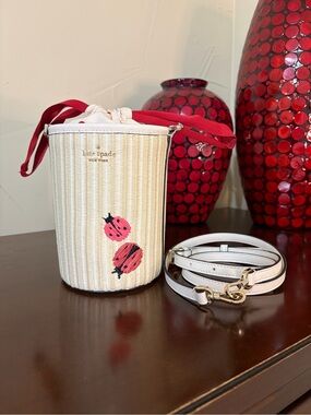 Kate Spade Dottie Ladybug Straw Embroidered Cylinder Crossbody Bag MSRP $349